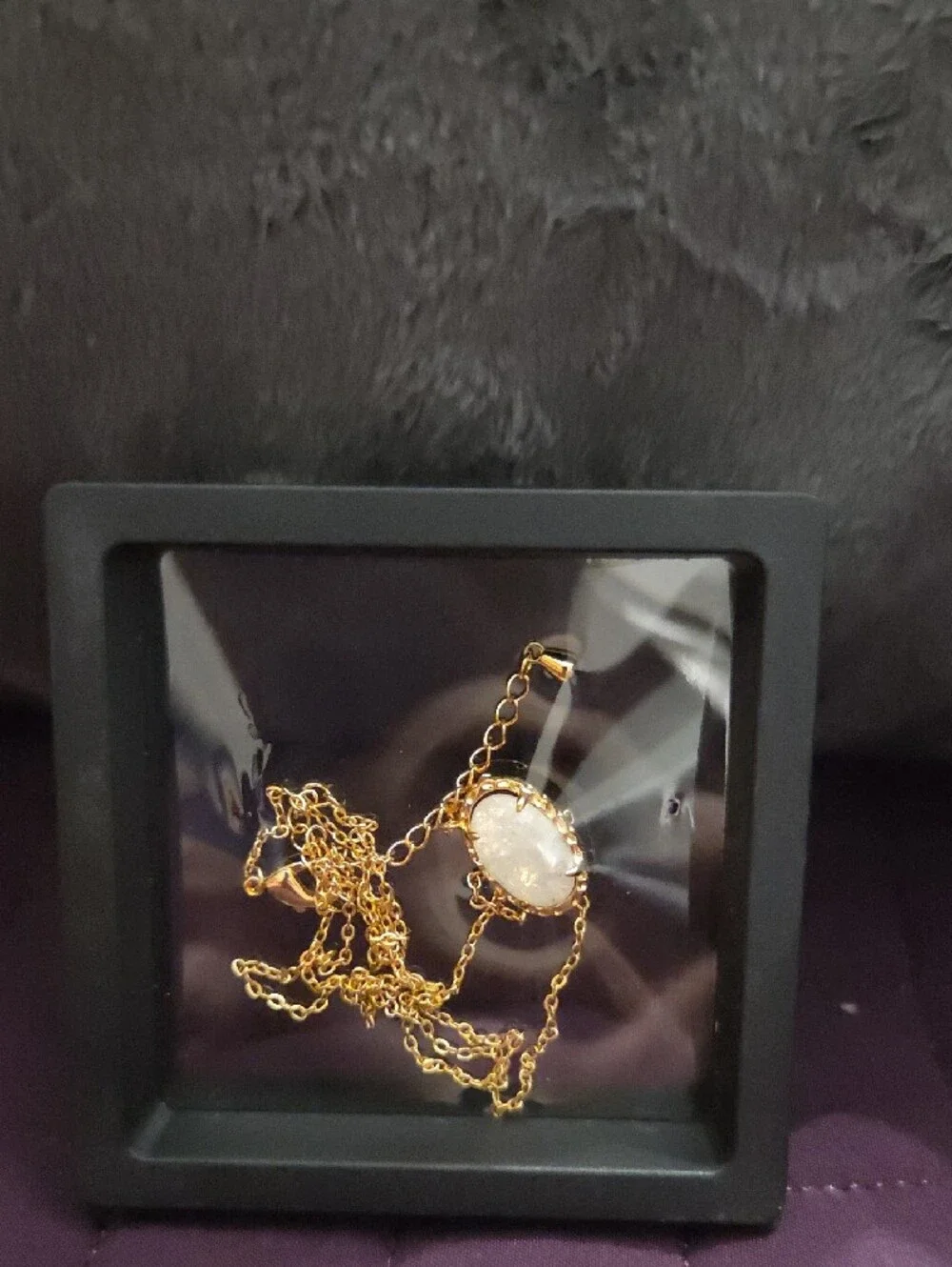 Gold Chain Necklace with White Druzy Oval Pendant